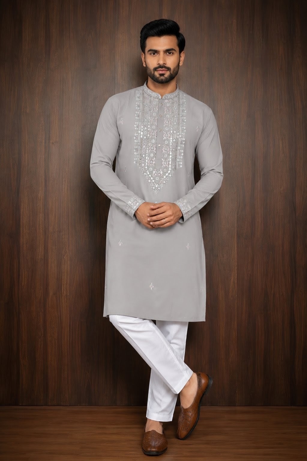 Pastel Gray Men's Kurta Pajama Set with tonal embroidery across the front placket, collar, cuffs Pashchim Canada US for Eid Diwali Wedding Sagan Haldi Mehndi