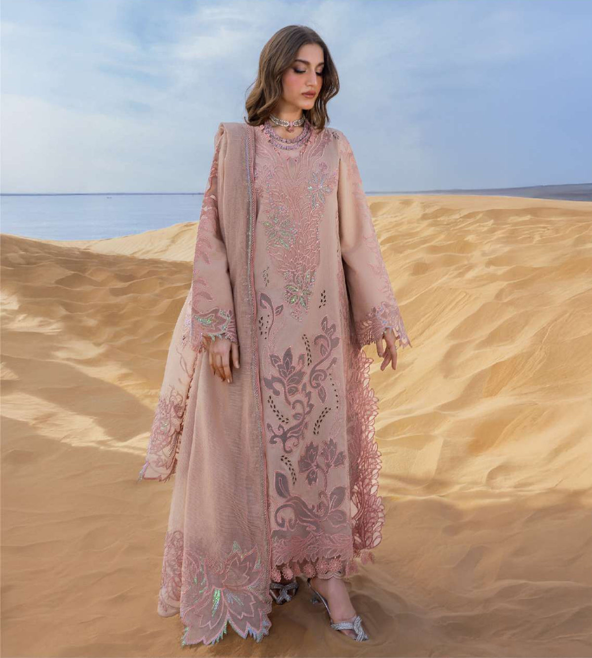 Premium Blush Pink Embroidered Lawn Pakistani Suit with Organza Dupatta – Pre-Order Collection