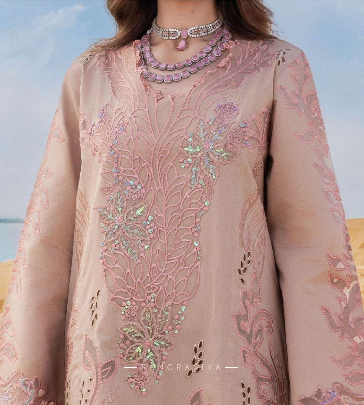 Premium Blush Pink Embroidered Lawn Pakistani Suit with Organza Dupatta – Pre-Order Collection