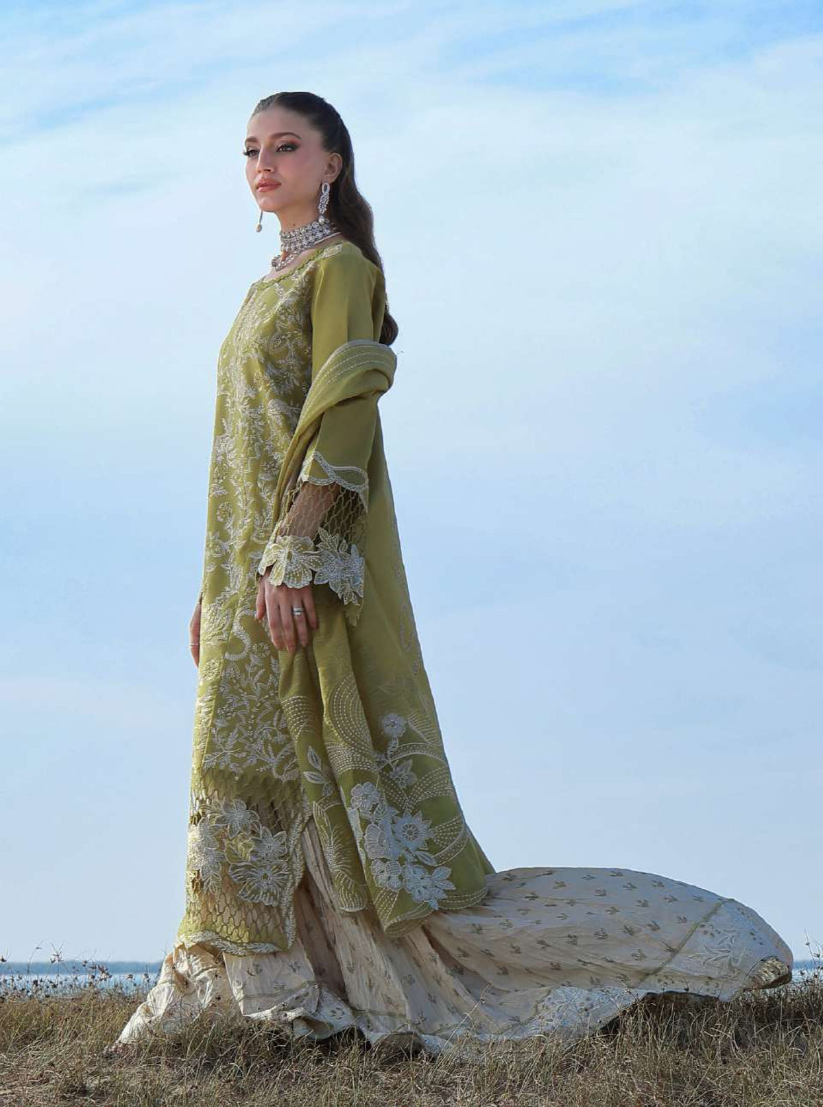 Premium Olive Green Embroidered Lawn Pakistani Suit with Organza Dupatta – Pre-Order Collection