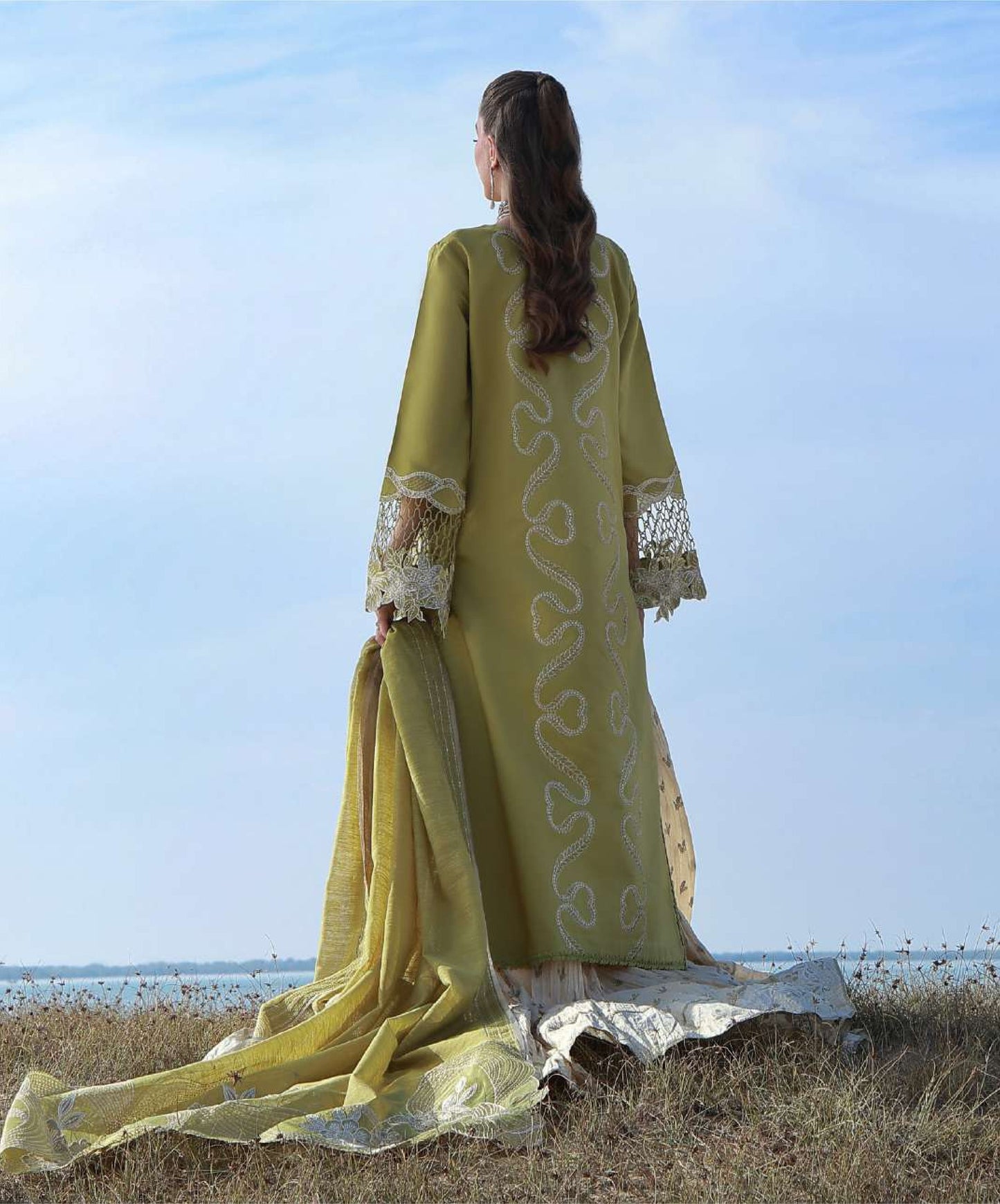 Premium Olive Green Embroidered Lawn Pakistani Suit with Organza Dupatta – Pre-Order Collection