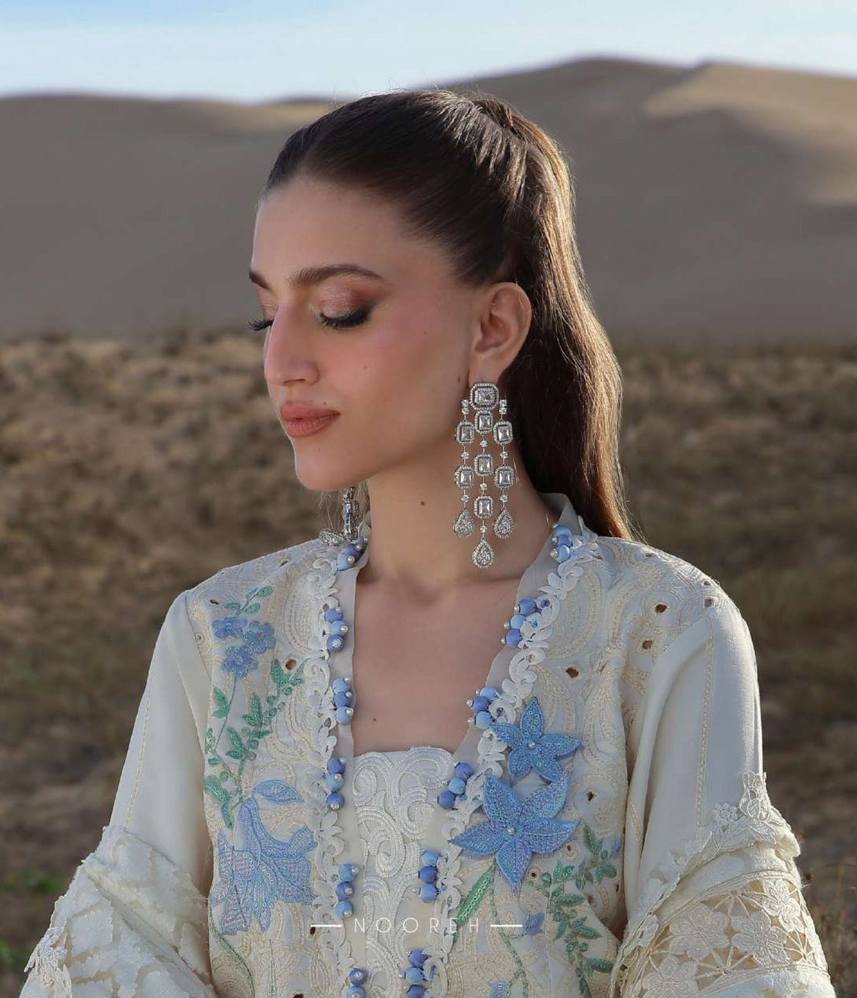 Premium Cream with Blue Embroidered Lawn Pakistani Suit with Organza Dupatta – Pre-Order Collection