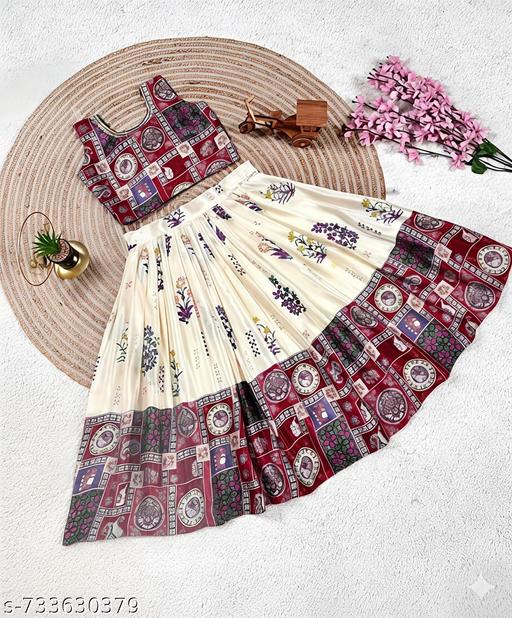 Girls Off-White & Maroon Digital Printed Chinon Silk Lehenga Choli Set with Latkan