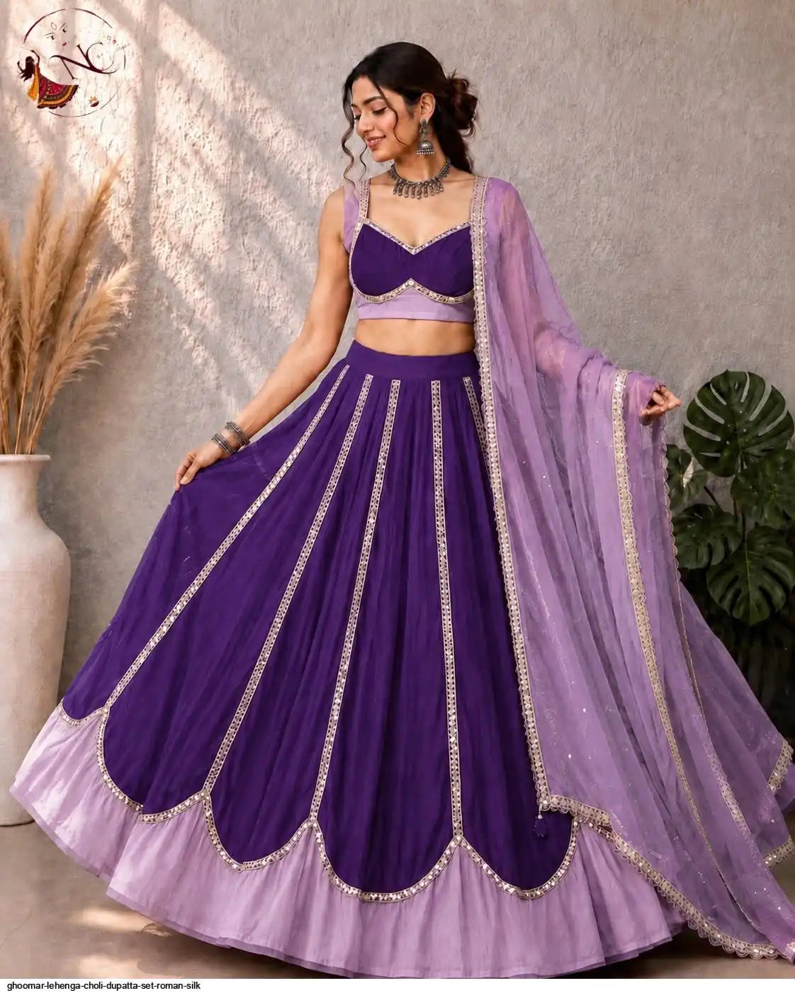 6-Meter Flare Roman Silk Chaniya Choli with Foil Mirror Blouse – Navratri Garba Lehenga Pashchim Canada