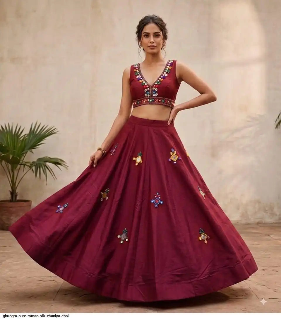 Pure Roman Silk Chaniya Choli with Heavy Mirror Work – 6-Meter Navratri Garba Lehenga | PashchimCanada
