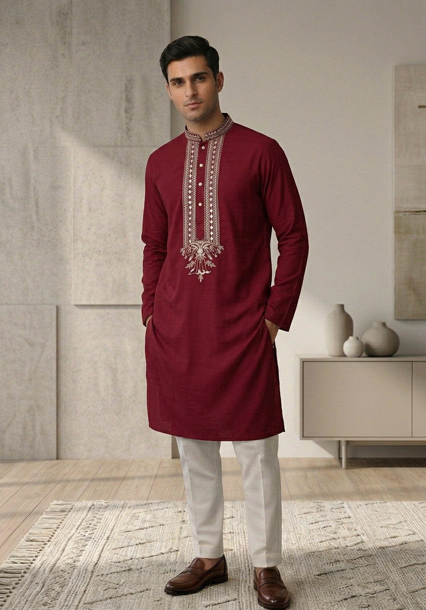Red color Men's Kurta Pajama Set with embroidery across the front placket and collar Pashchim Canada US Mehndi Collection Wedding parties or Navratri
