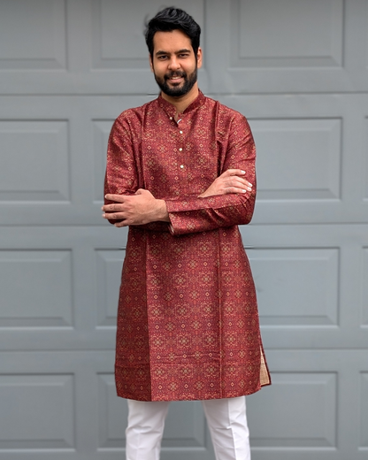 Premium Quality Maroon Silk-Blend Print Kurta Pyjama Set For Diwali in Canada