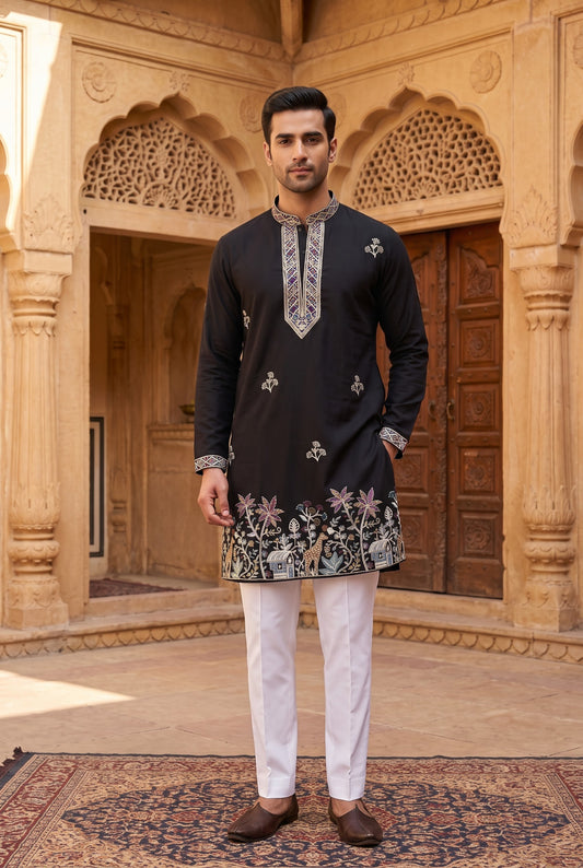 Black V-Neck Embroidered Men's Kurta Pajama Set | Pashchim Canada