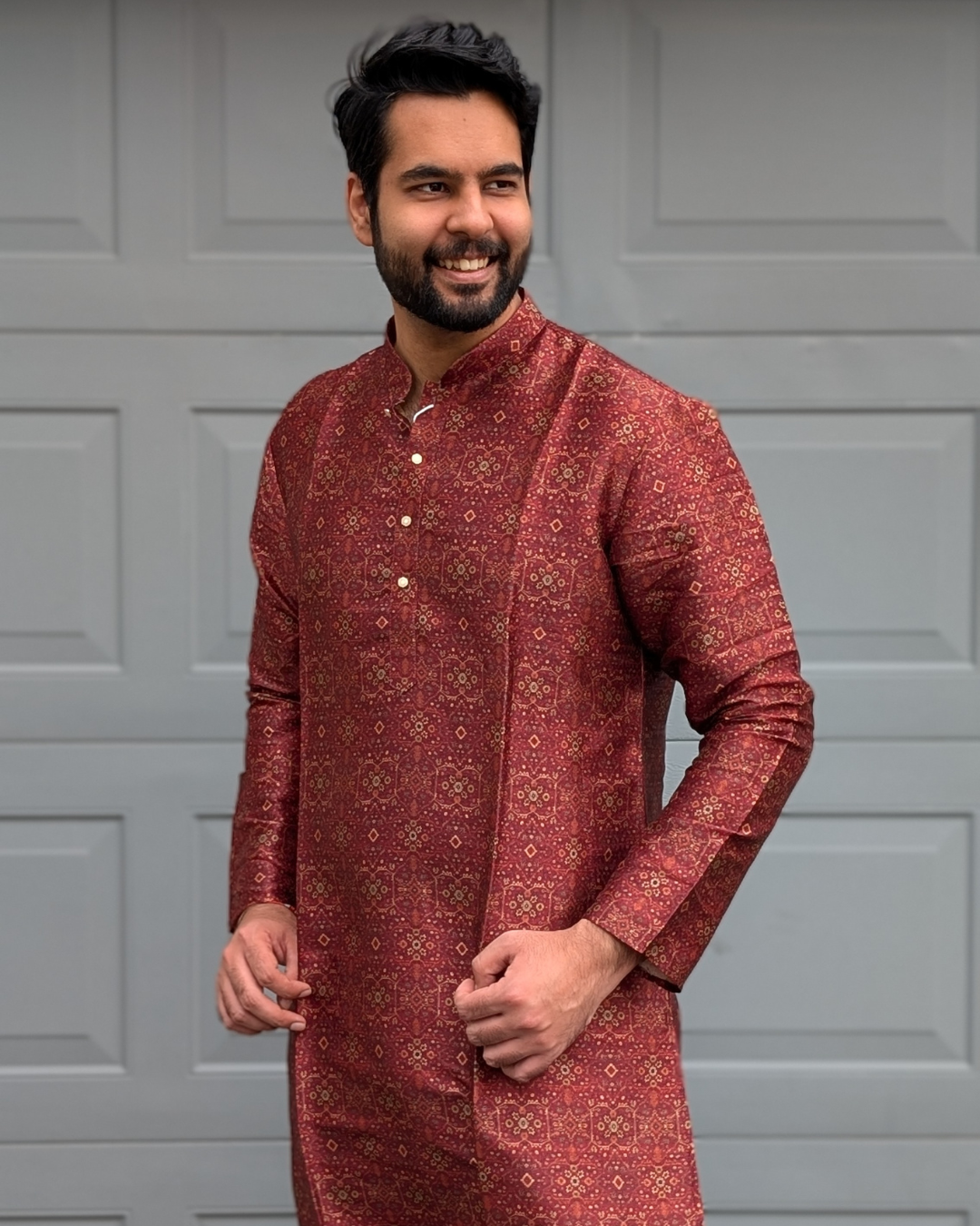 Premium Quality Maroon Silk-Blend Print Kurta Pyjama Set For Diwali in Canada