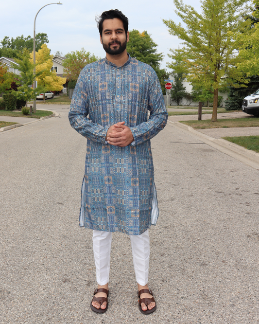 Printed Kurta Pyjama set for Festive Season in Kitchener | Blue Kurta Navratri Look | Pashchim Canada
