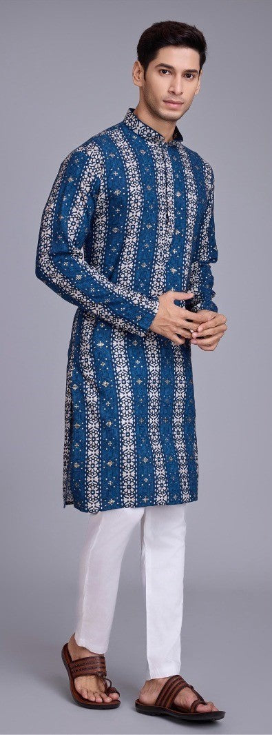 Printed Men Kurta Set in Cotton