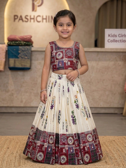 Girls Off-White & Maroon Digital Printed Chinon Silk Lehenga Choli Set with Latkan
