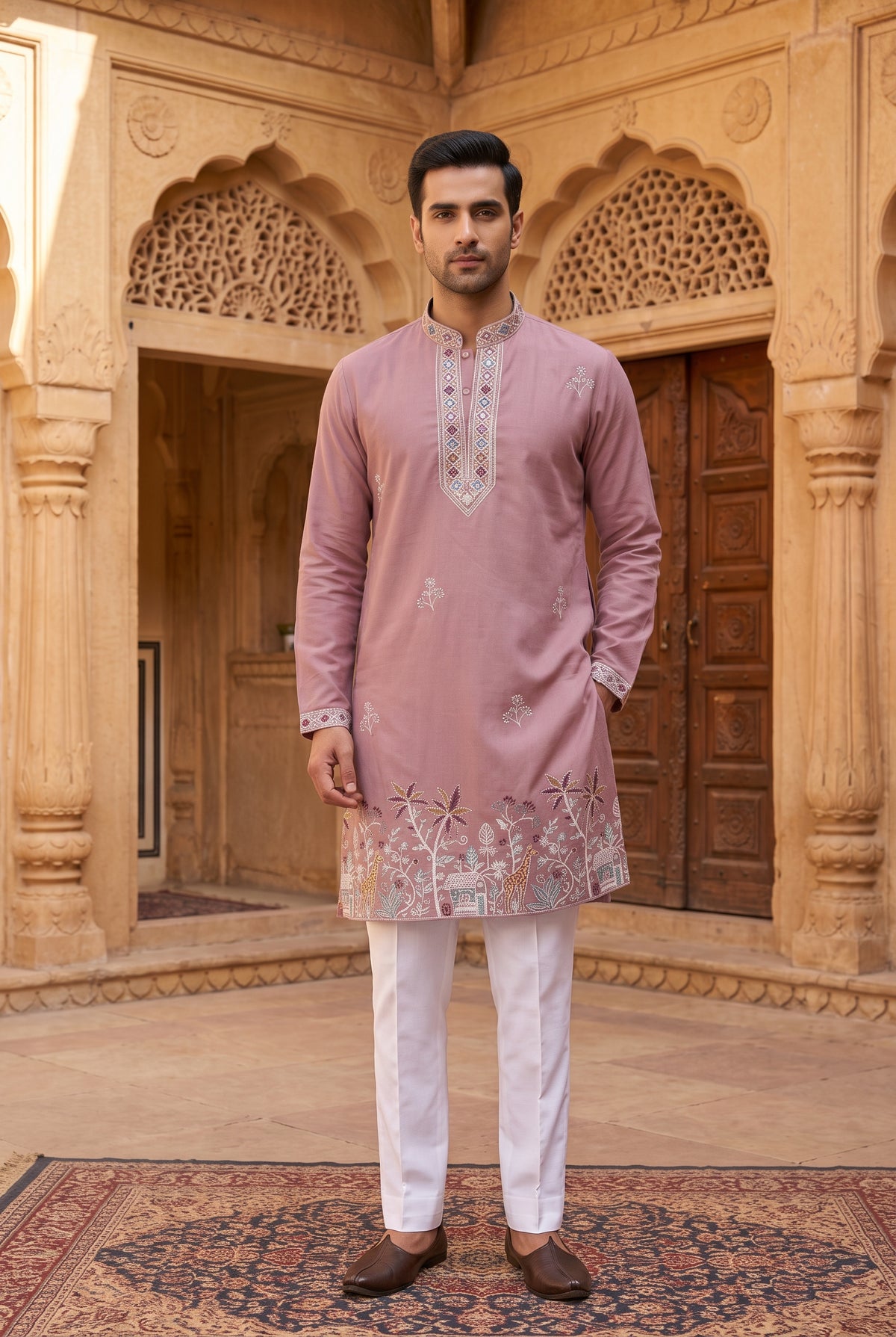 Dusty Mauve V-Neck Embroidered Men's Kurta Pajama Set | Pashchim Canada