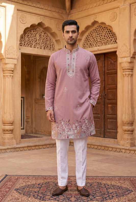 Dusty Mauve V-Neck Embroidered Men's Kurta Pajama Set | Pashchim Canada