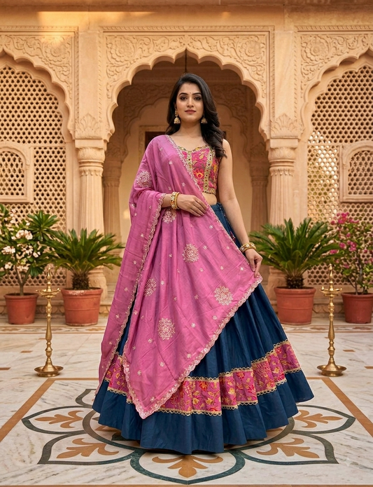 Roman Silk 8-Meter Blue Chaniya Choli with Spaghetti Blouse – Navratri Garba Lehenga | Toronto, Calgary & Canada