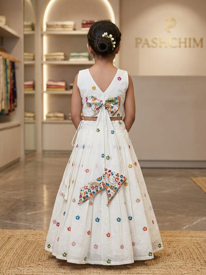 Girls Off-White Soft Kora Cotton Embroidered Elephant Motif Lehenga Choli Set in Canada