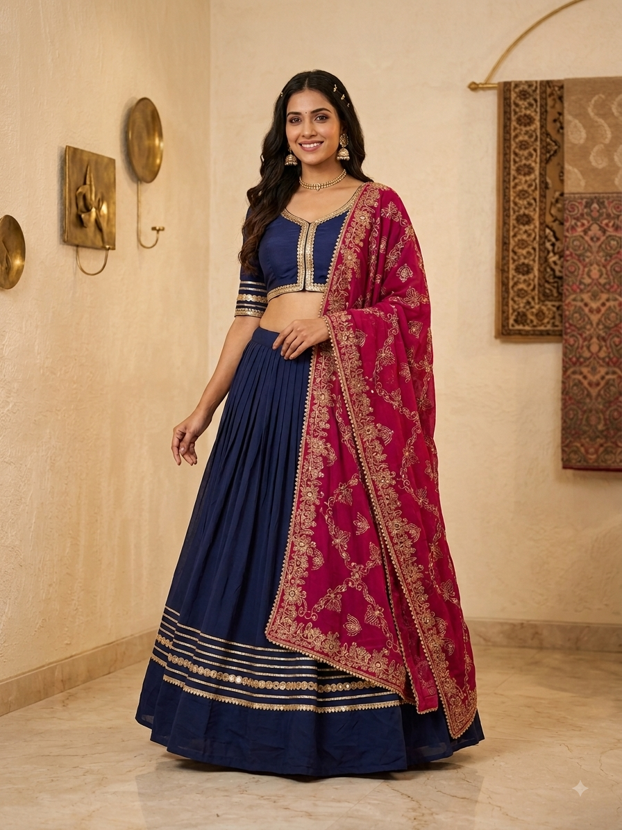 Roman Silk Chaniya Choli with Pure Georgette Dupatta – 6-Meter Navratri Garba Lehenga Choli | Calgary, Halifax & Canada