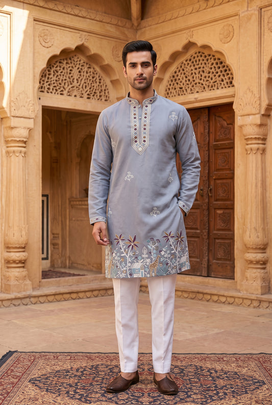 Sky Blue V-Neck Embroidered Men's Kurta Pajama Set | Pashchim Canada