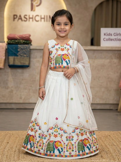Girls Off-White Soft Kora Cotton Embroidered Elephant Motif Lehenga Choli Set in Canada