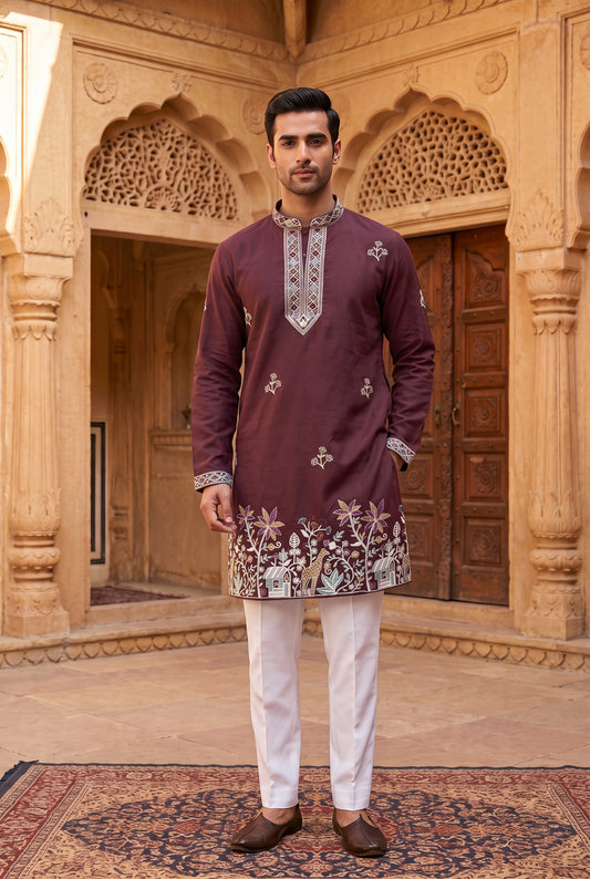 Maroon V-Neck Embroidered Men's Kurta Pajama Set | Pashchim Canada