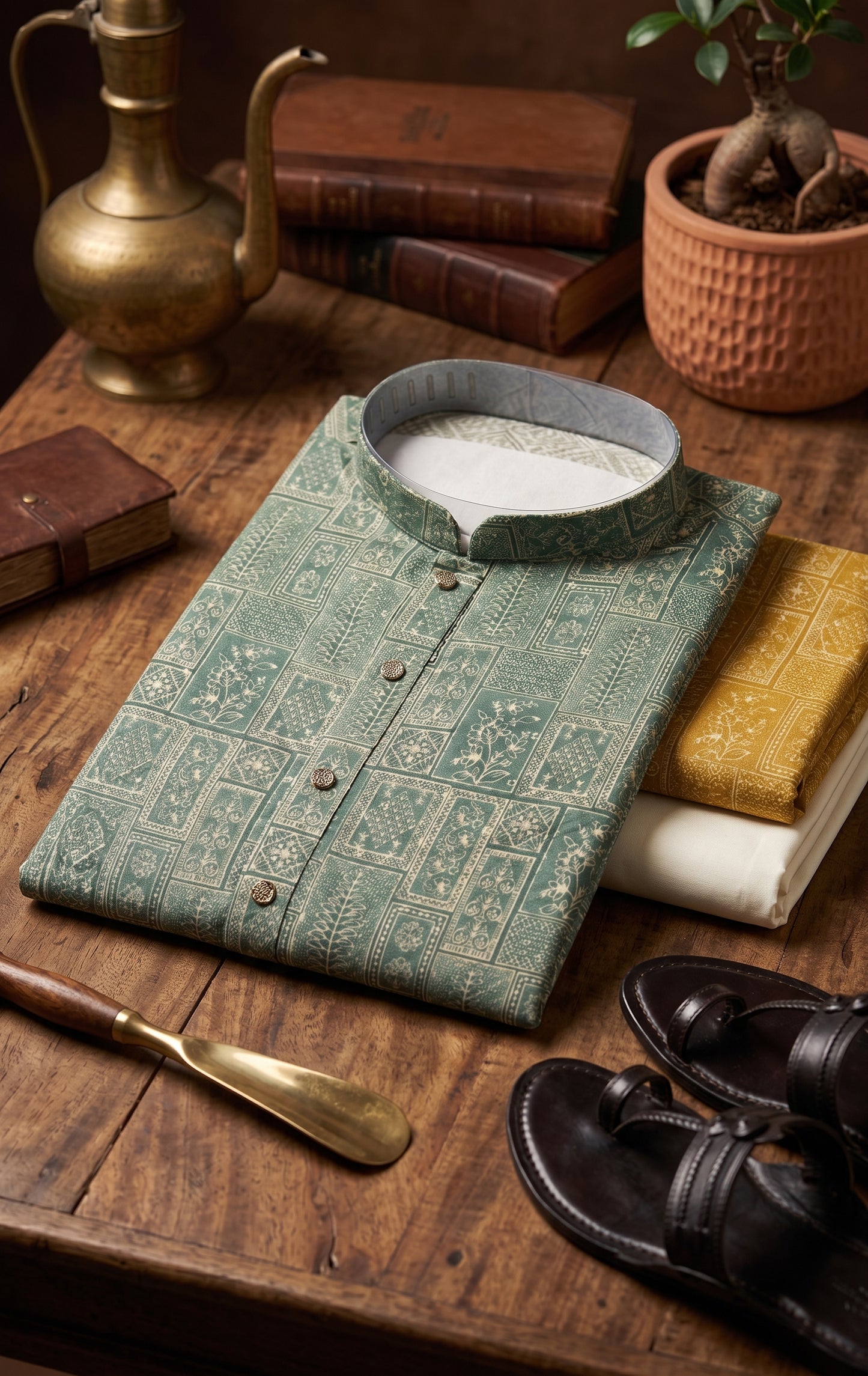 Designer Festive Kurta Pant Set for Men in Sage Green in Pashchim Canada