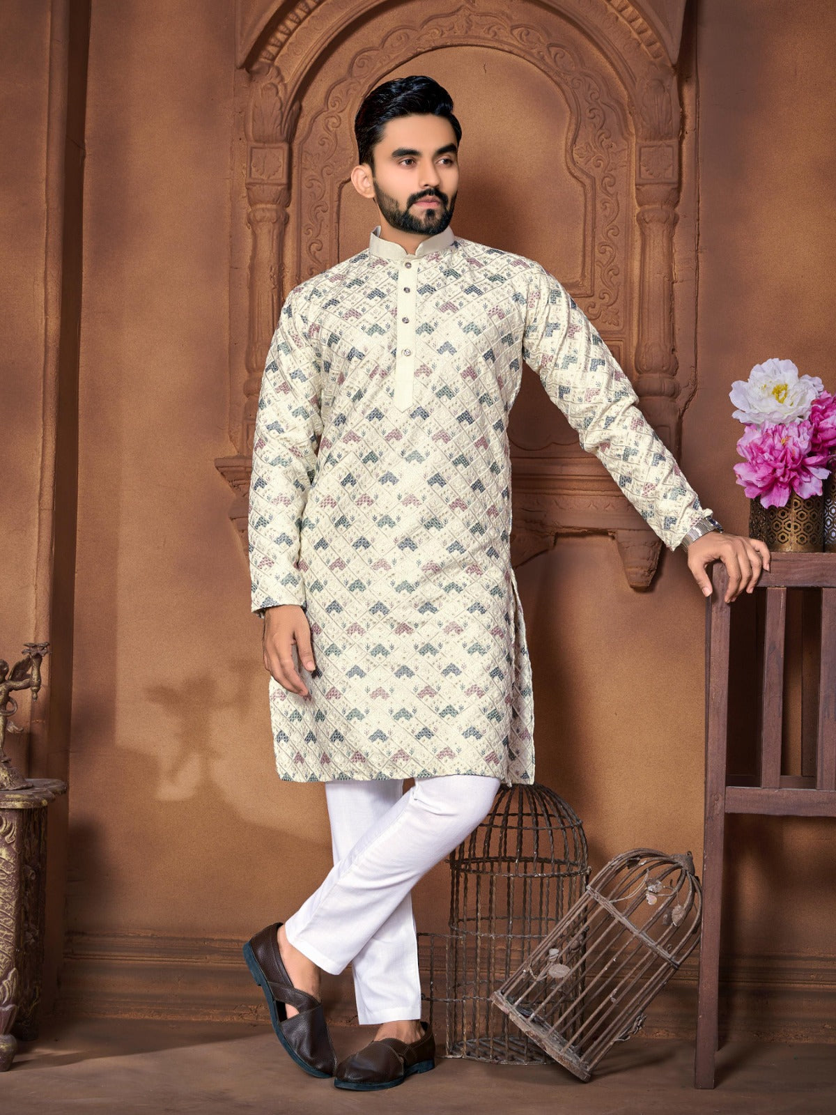 Designer Embroidery Men Kurta Pyjama Set in Italian Silk Beige