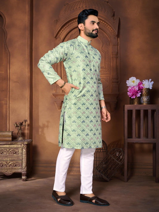 Designer Embroidery Men Kurta Pyjama Set in Italian Silk Green