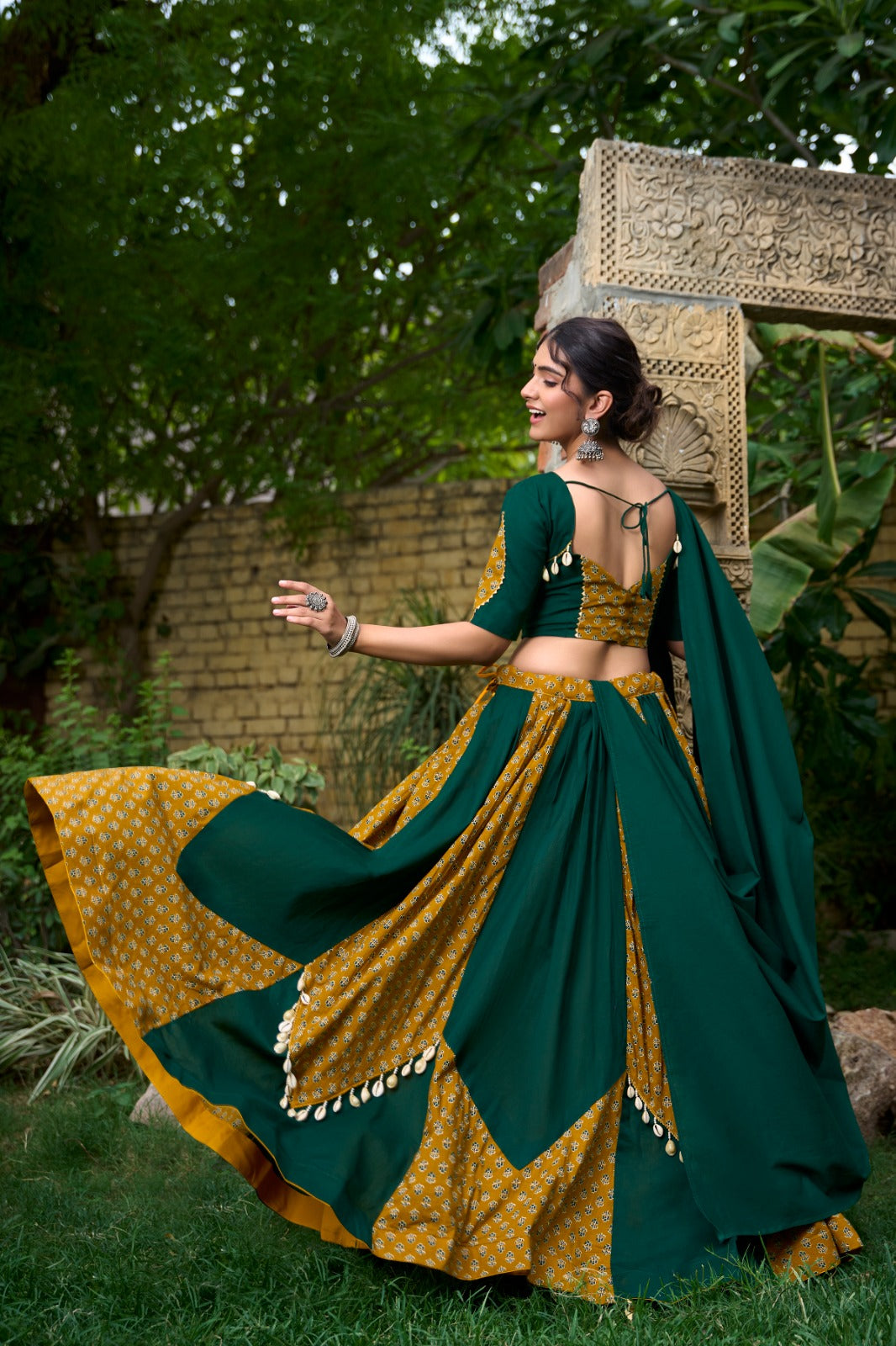 Earthy Cowrie Work Chaniya Choli for Navratri | Pure Cotton Garba Dress in Canada