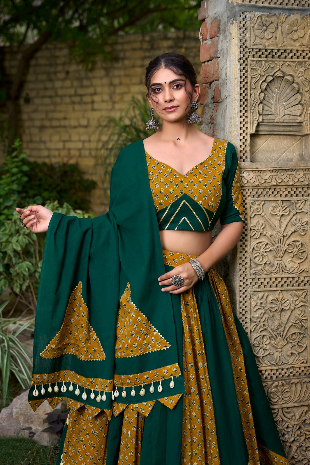 Earthy Cowrie Work Chaniya Choli for Navratri | Pure Cotton Garba Dress in Canada