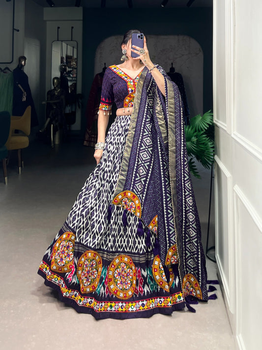 Dark Blue Designer Tussar Silk Chaniya Choli for Navratri | Ikkat Print Garba Lehenga in Canada