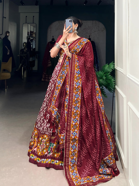Designer Tussar Silk Chaniya Choli for Navratri | Ikkat Print Garba Lehenga in Canada