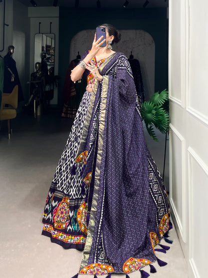 Dark Blue Designer Tussar Silk Chaniya Choli for Navratri | Ikkat Print Garba Lehenga in Canada
