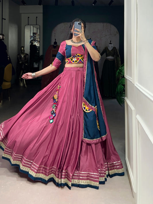Pink Authentic Gamthi Work Silk Crepe Chaniya Choli | Ready-to-Wear | Canada
