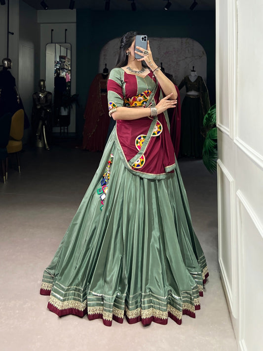Green Authentic Gamthi Work Silk Crepe Chaniya Choli | Ready-to-Wear | Pashchim Kitchener
