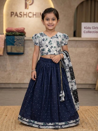 Girls Navy Blue & White Pure Cotton Printed Lehenga Choli Set with Dupatta