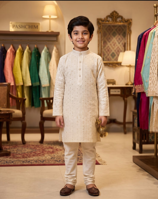 Ivory Linear Sequin Embroidered Boys' Kurta Churidar Pajama Set I Pashchim US Canada
