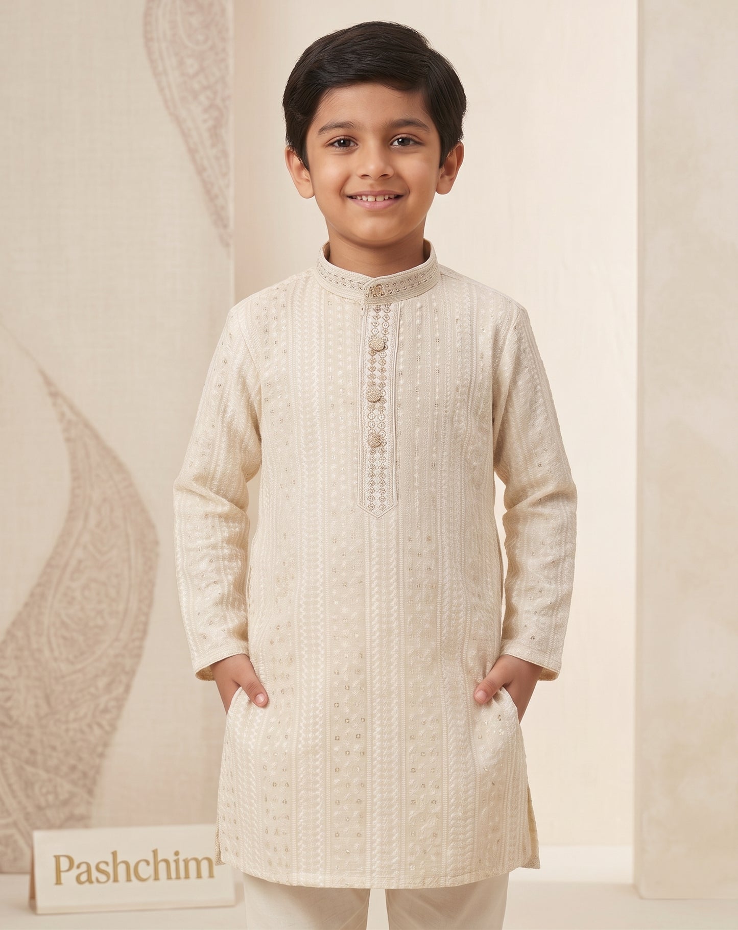 Cream Vertical Threadwork Embroidered Boys' Kurta Churidar Pajama Set I Pashchim Canada US