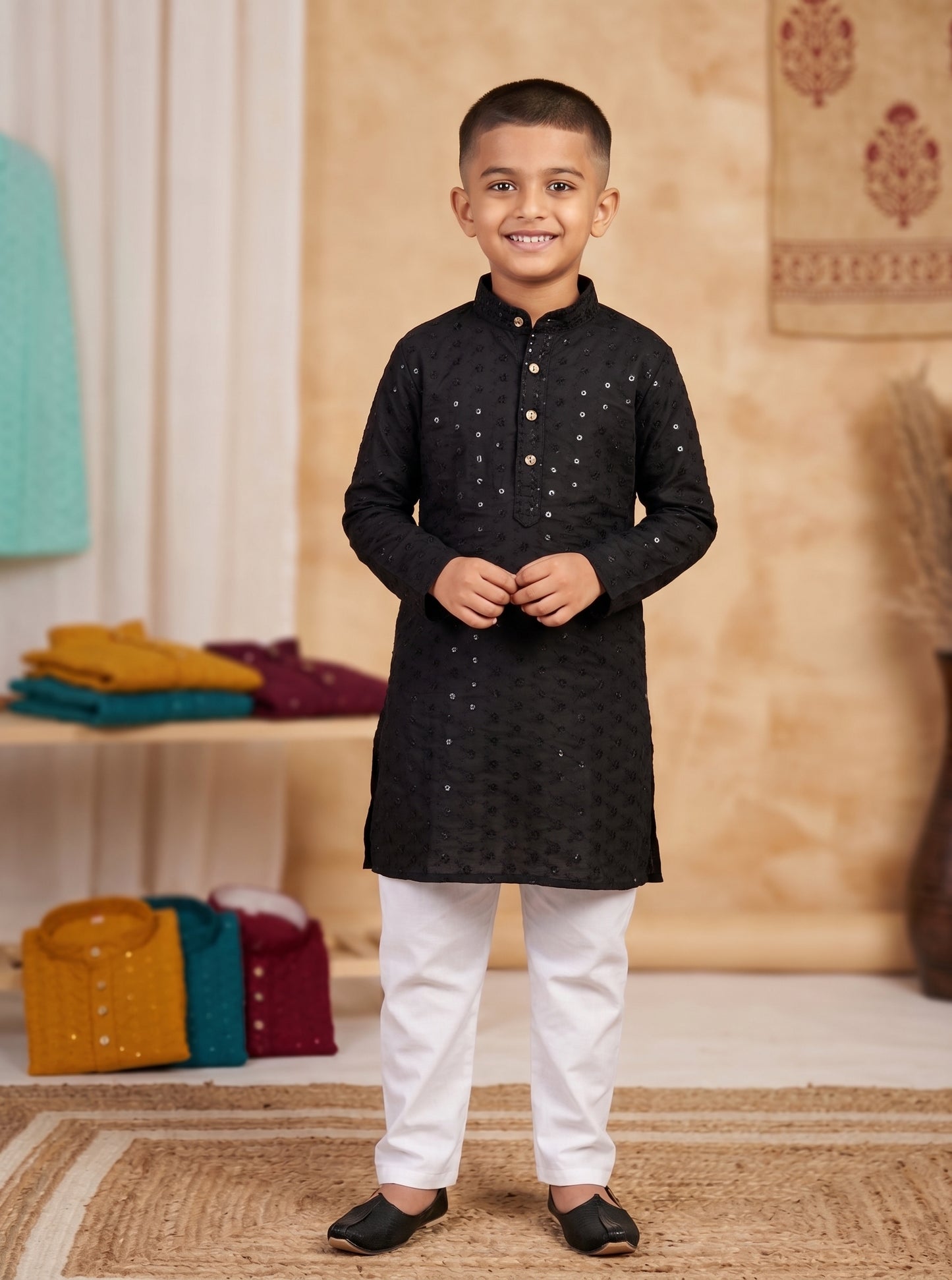 Black Lucknowi Chikankari Sequin Boys' Kurta Churidar Pajama Set I Pashchim Canada US