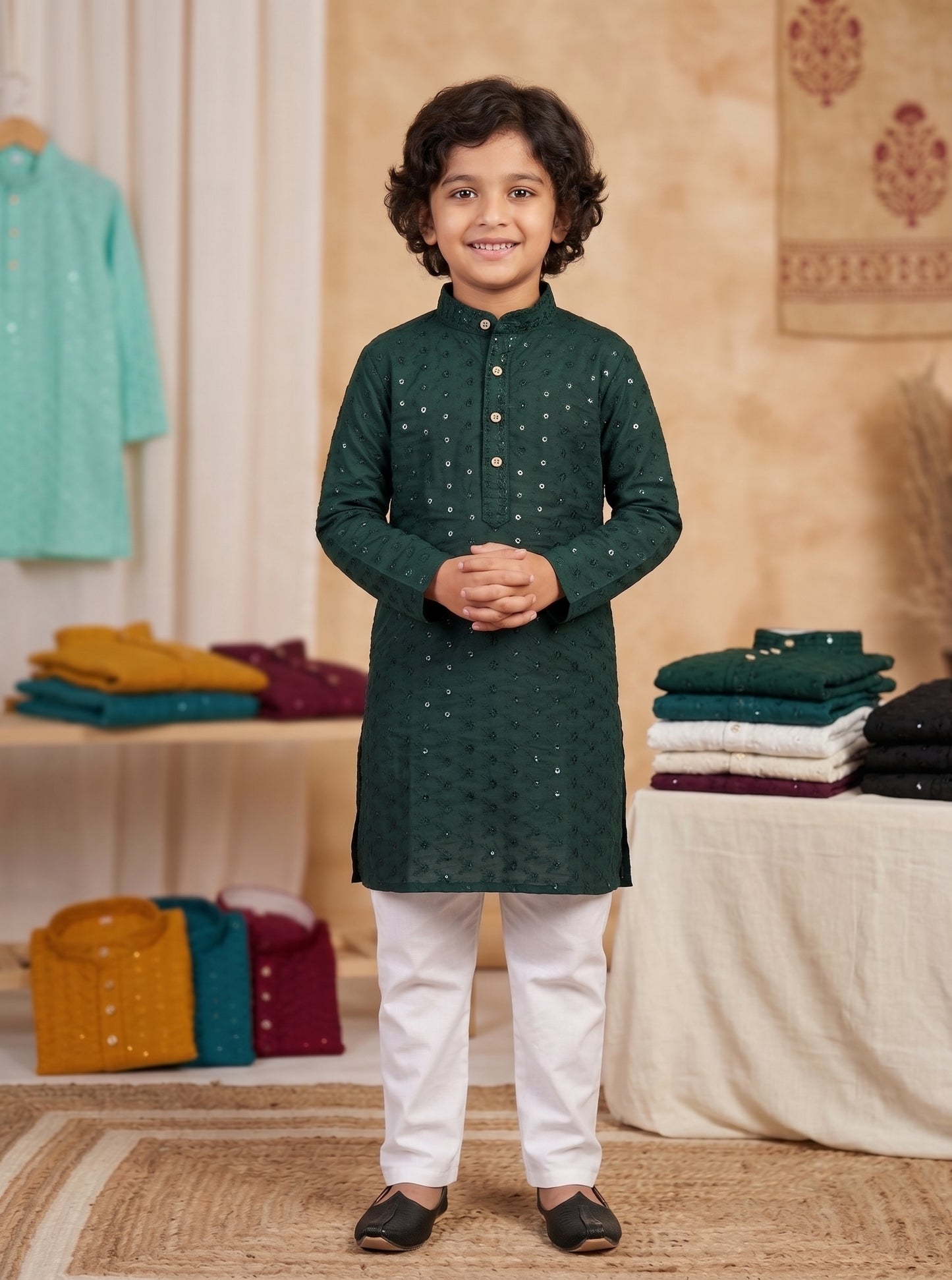 Bottle Green Lucknowi Chikankari Sequin Boys' Kurta Churidar Pajama Set I Pashchim Canada US