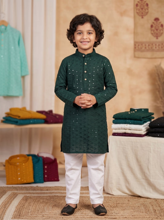 Bottle Green Lucknowi Chikankari Sequin Boys' Kurta Churidar Pajama Set I Pashchim Canada US