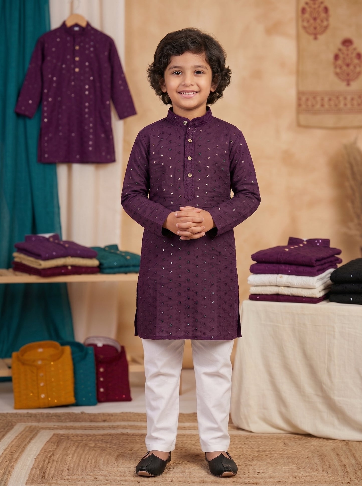 Royal Plum Purple Lucknowi Chikankari Boys' Kurta Churidar Pajama Set I Pashchim Canada US