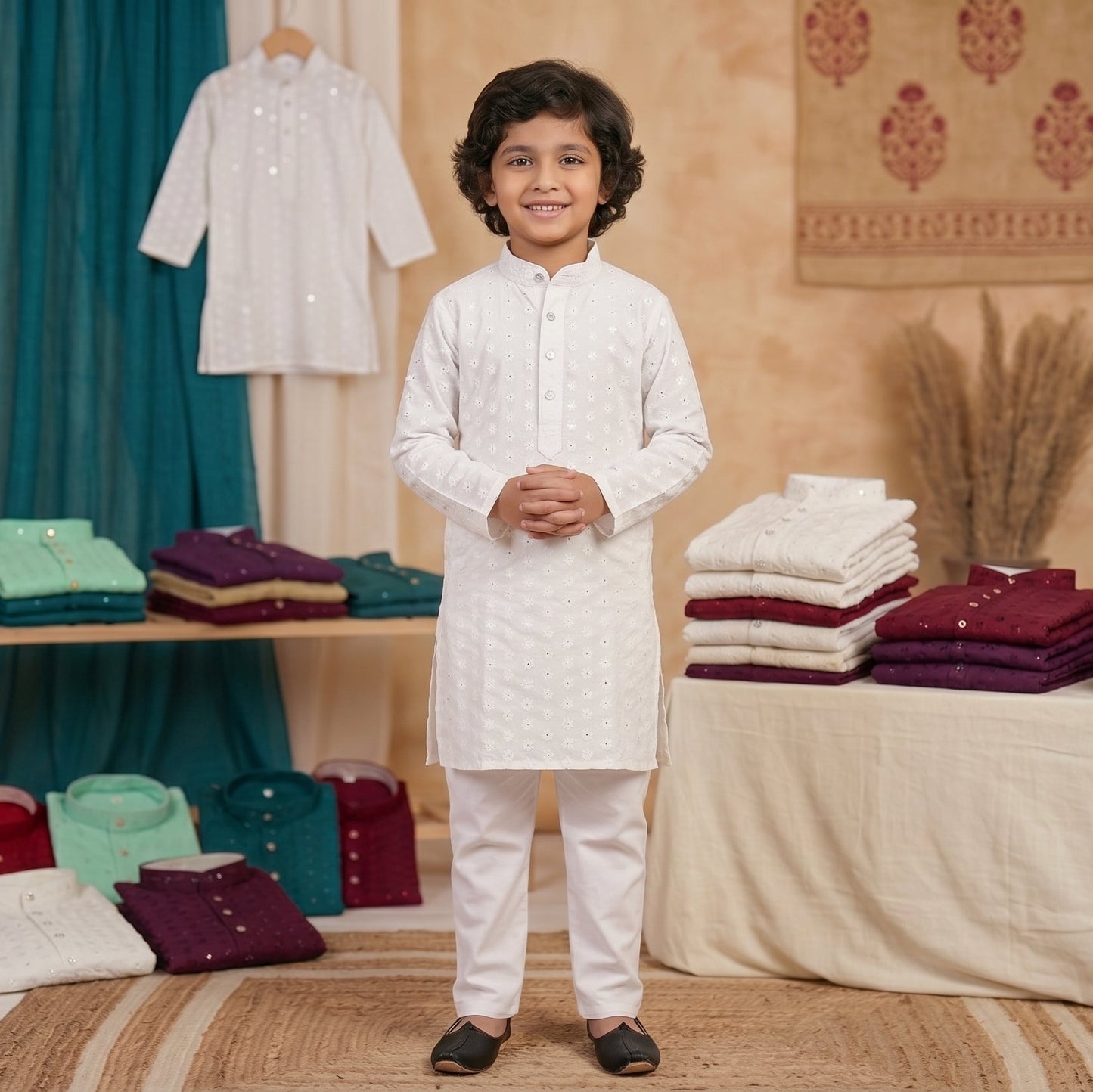 Pure White Lucknowi Chikankari Sequin Boys' Kurta Churidar Pajama Set I Pashchim Canada - US