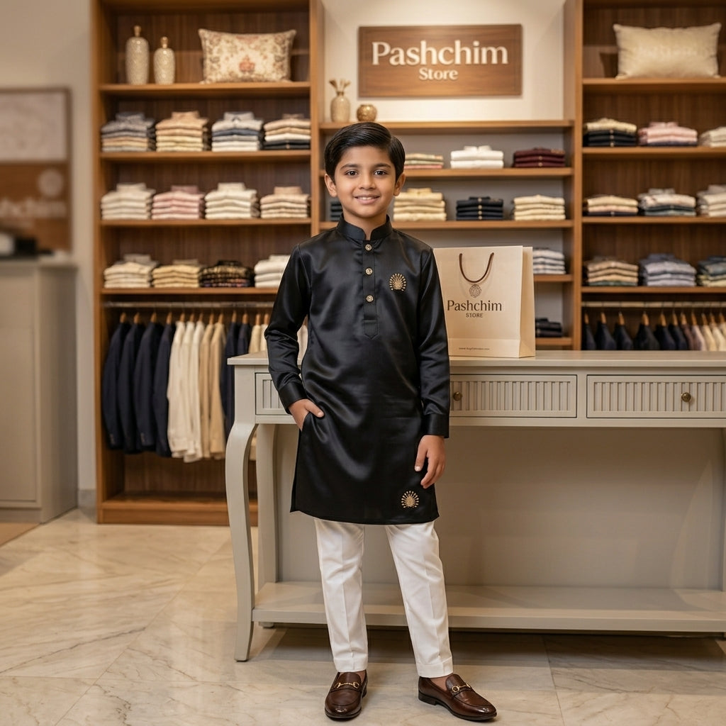 Black Satin Silk Boys' Kurta Churidar SetI Pashchim Canada - US