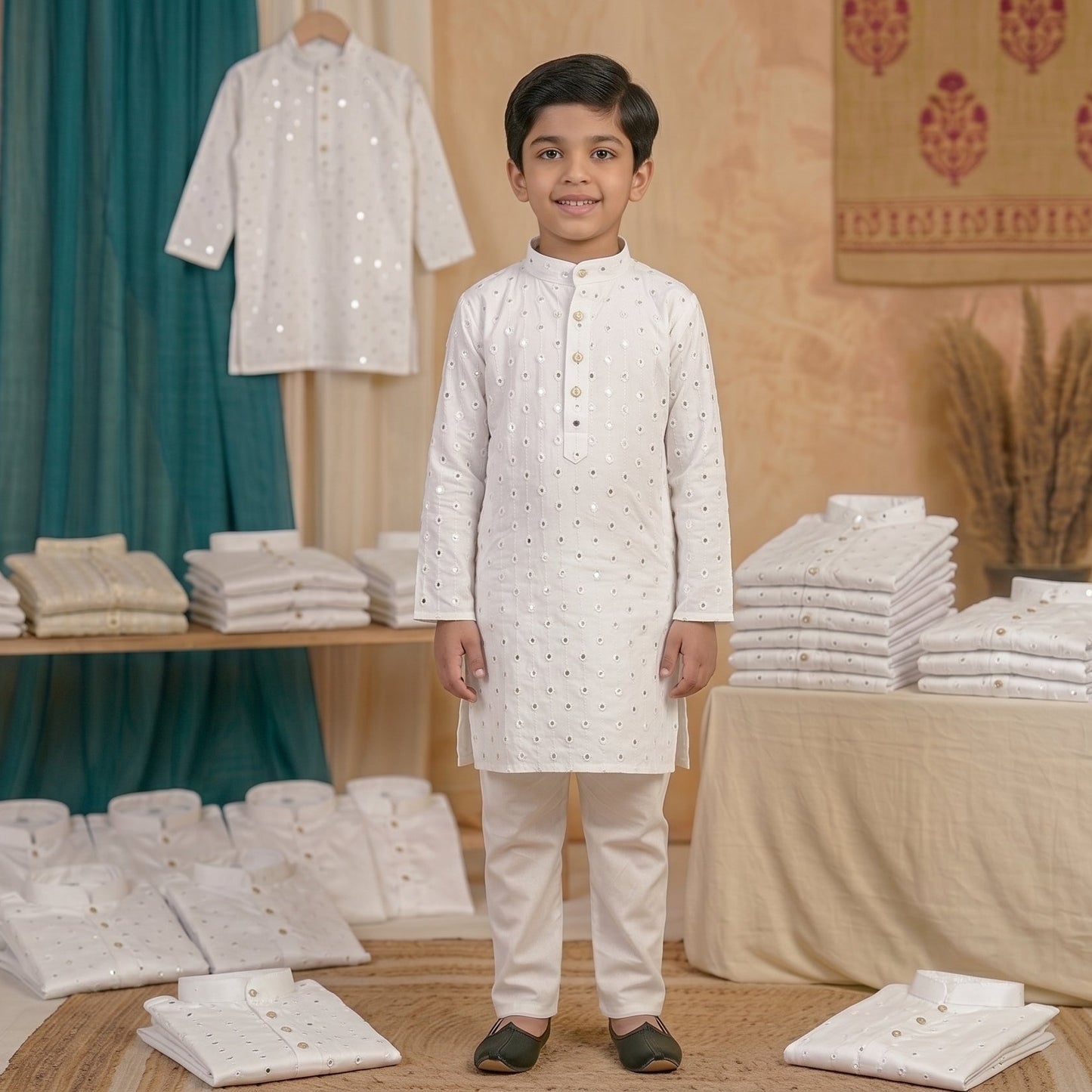 White Mirror Work Embroidered Boys' Kurta Churidar Pajama Set I Pahschim US Canada