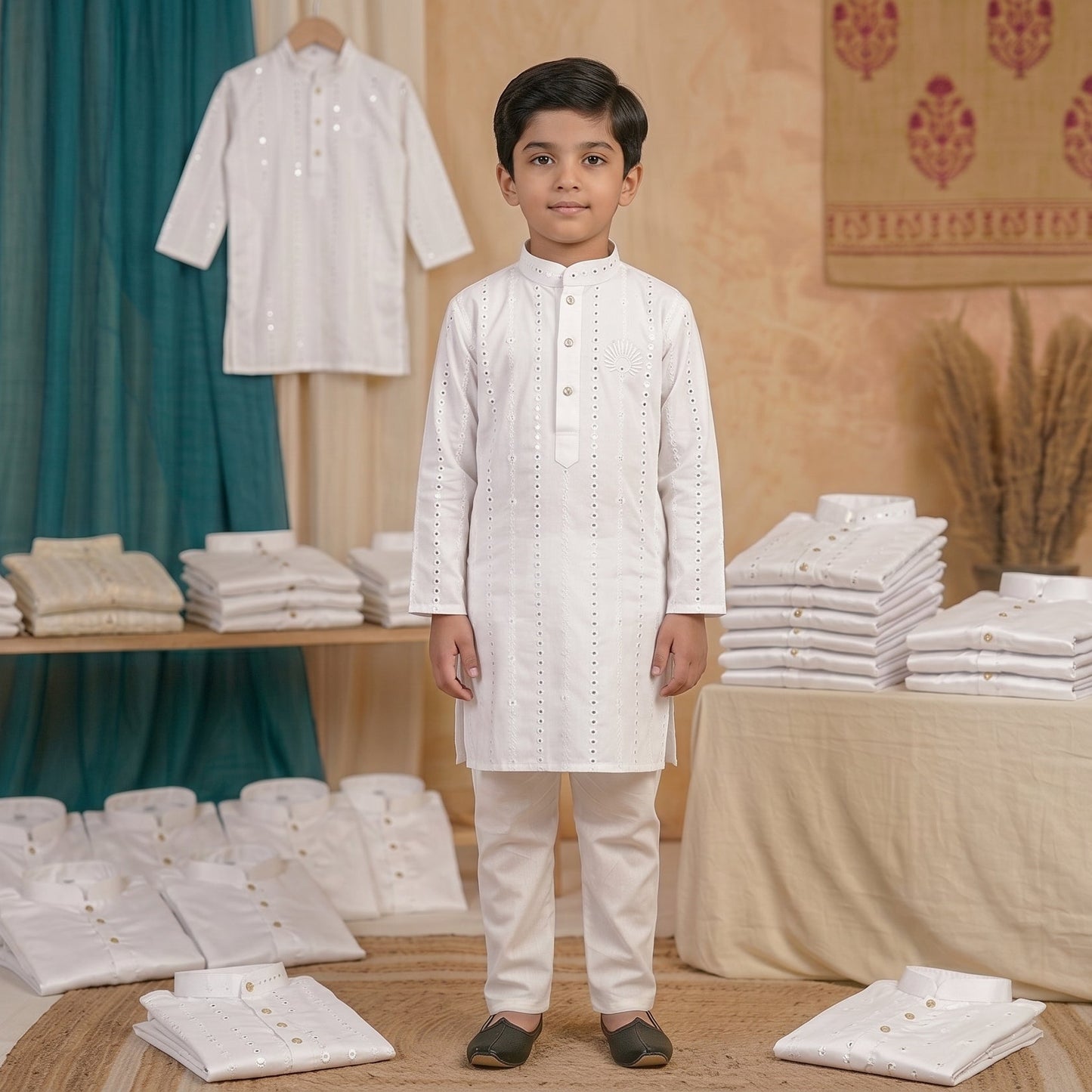 White Sunburst Crest Embroidered Boys' Kurta Churidar Pajama Set I Pashchim