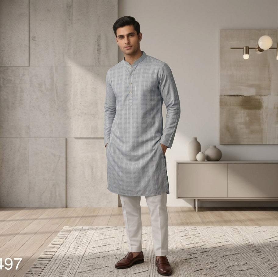 Men's Ethnic Festive Bluish Grey Kurta with Pajama ( Pant ) Pashchim Canada US I Plus size Kurta