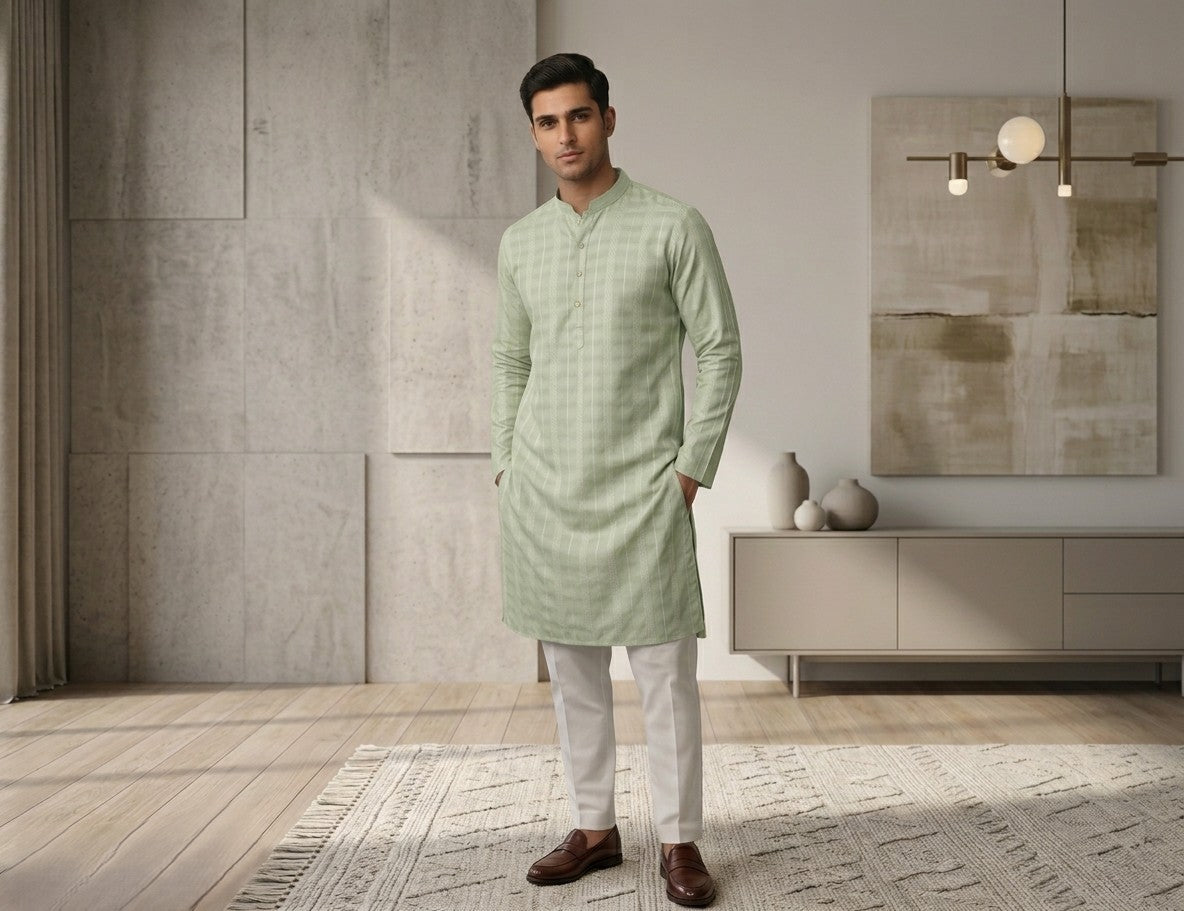 Men's Ethnic Festive Green Grey Kurta with Pajama ( Pant ) Pashchim Canada US I Plus size Kurta