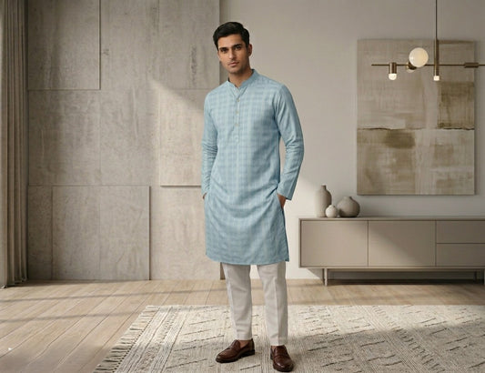 Men's Ethnic Festive Sky Blue Kurta with Pajama ( Pant ) Pashchim Canada US I Plus size Kurta