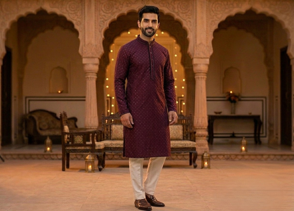 Wine Maroon Sequined Silk Men's Kurta Pajama (Pant) Set I US Canada Pashchim