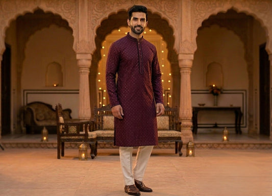 Wine Maroon Sequined Silk Men's Kurta Pajama (Pant) Set I US Canada Pashchim
